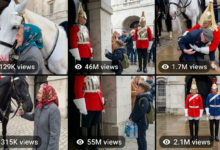Royal Guard standing outside palace gate in tourist crowd for Sora AI viral video creation