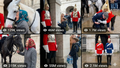 Royal Guard standing outside palace gate in tourist crowd for Sora AI viral video creation