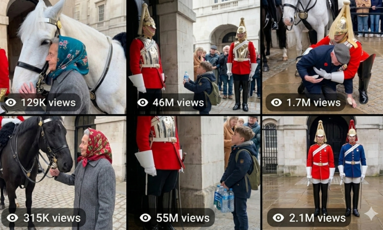 Royal Guard standing outside palace gate in tourist crowd for Sora AI viral video creation