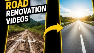 AI road renovation before and after transformation showing damaged road turned into smooth asphalt road