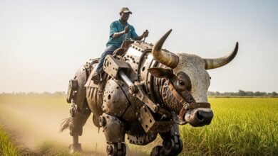 AI farming robot working in agricultural field