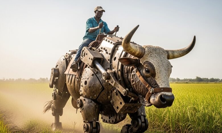 AI farming robot working in agricultural field