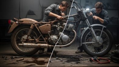 AI vintage motorcycle restoration showing rusty bike transformed into a shiny restored motorcycle