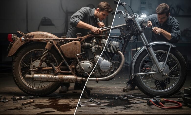 AI vintage motorcycle restoration showing rusty bike transformed into a shiny restored motorcycle