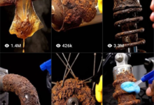 Rusted antique object transforming into restored metal item for AI rust removal video creation