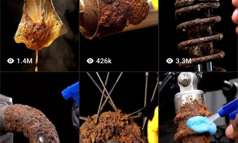 Rusted antique object transforming into restored metal item for AI rust removal video creation