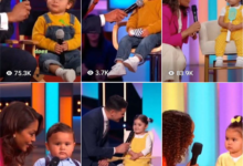 Innocent toddler speaking into microphone while parents cover faces in embarrassment on TV show AI video concept