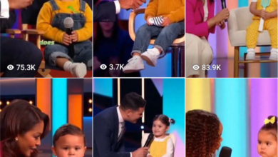 Innocent toddler speaking into microphone while parents cover faces in embarrassment on TV show AI video concept