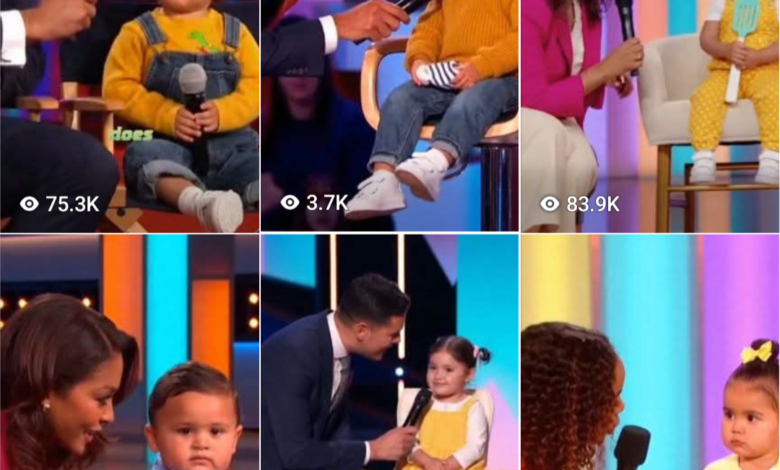 Innocent toddler speaking into microphone while parents cover faces in embarrassment on TV show AI video concept