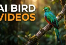 AI generated colorful bird sitting on a branch cinematic style