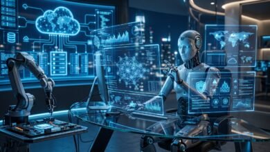 AI Agents working autonomously on multiple digital tasks with futuristic technology interface