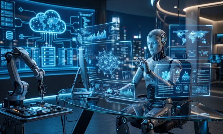 AI Agents working autonomously on multiple digital tasks with futuristic technology interface