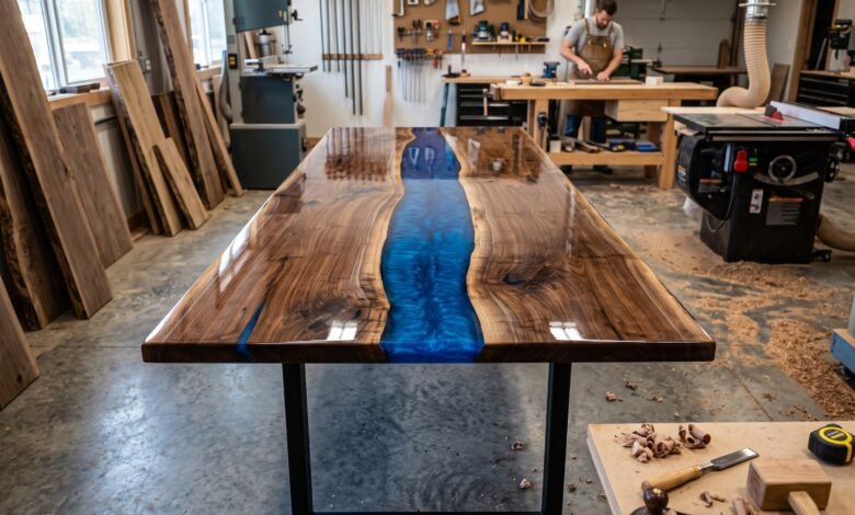 Step-by-step Al epoxy resin table making process using ChatGPT, Google Flow, Veo, Seedance, and CapCut.